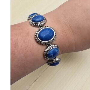 Lucky Brand Blue Cabochon Silver Tone Statement Bracelet Boho Chunky